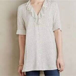 Anthropologie 11.1.Tylho White Printed Button Front Ruffled Neck Tunic